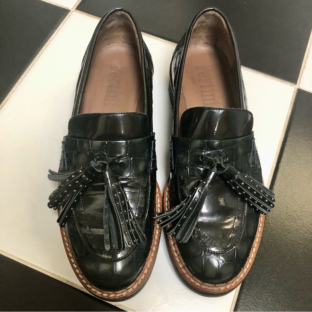Pertini Italian Leather Kilties Studded Tassel Loafers Croc Embossed Grunge Prep
